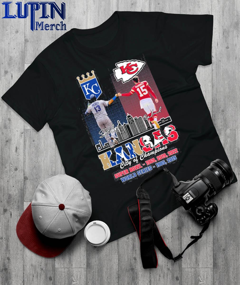 Official Kansas city of champions super bowl 1969 2019 2022 world series  1985 2015 signatures shirt, hoodie, sweater, long sleeve and tank top