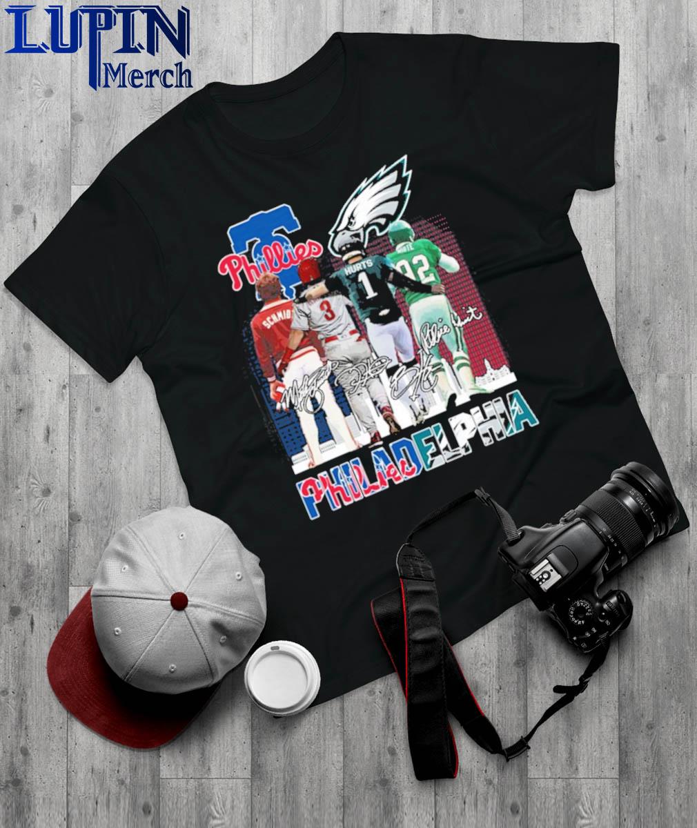 Philadelphia Phillies And Philadelphia Eagles Mike Schmidt Bryce Harper  Jalen Hurts And Kyzir White Signatures t-shirt - ColorfulTeesOutlet